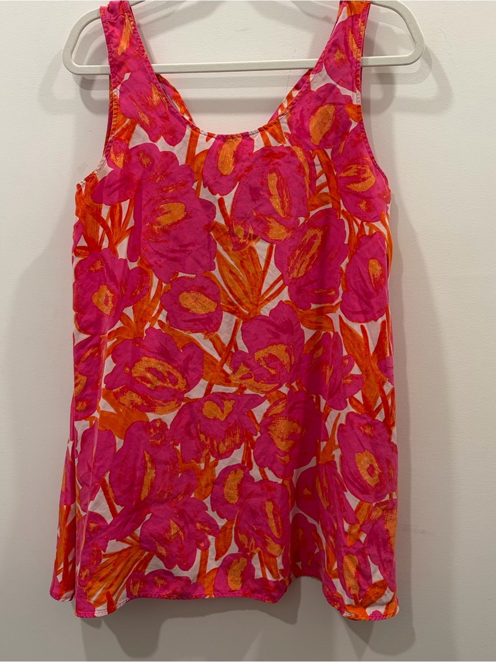Joan Vass Hot Pink & Orange Floral 100% silk Tank oversized flowy Tunic tie back